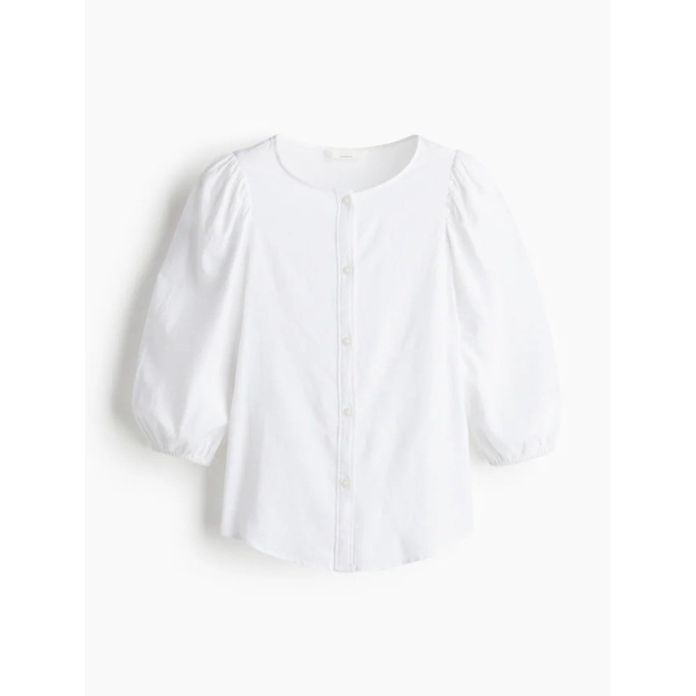 Zara White Cotton Poplin Puff Sleeve Button Down Blouse Top Large
